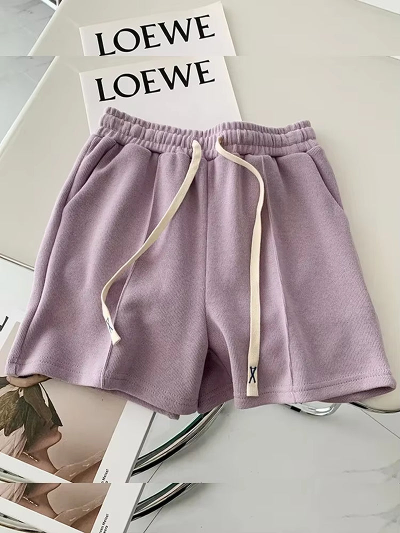 Summer 2025 Shorts Women Elasticity Lovely Girls Korean Style Sweet Students Harajuku Simple Pure Gray Oversize Trousers Female