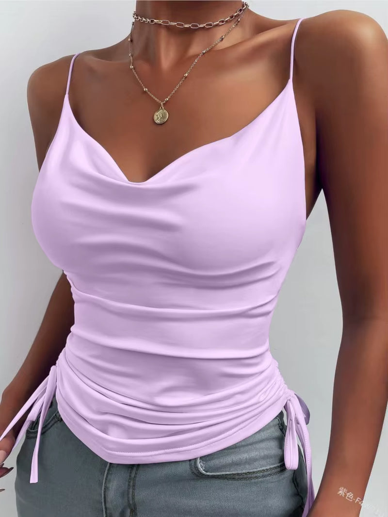 Women'S Solid Tank Top V Neck Camisole Cami Drawstring Spaghetti Strap Top Sleeveless Blouse Tank Shirt New Summer Crop Top