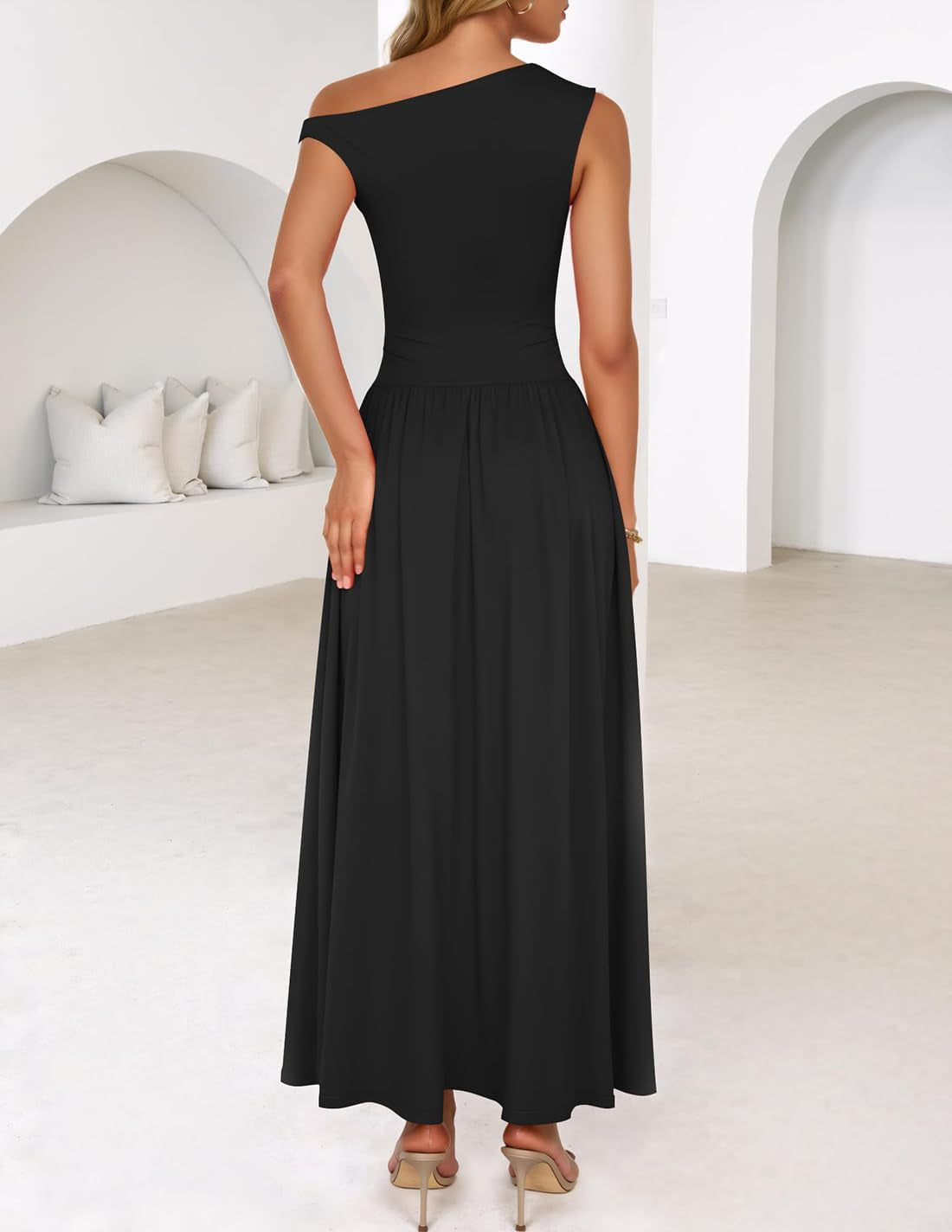 Women'S Summer 2025 Sleeveless Maxi Dress One Shoulder Casual Slim Swing Pleated Formal Dresses with Pockets